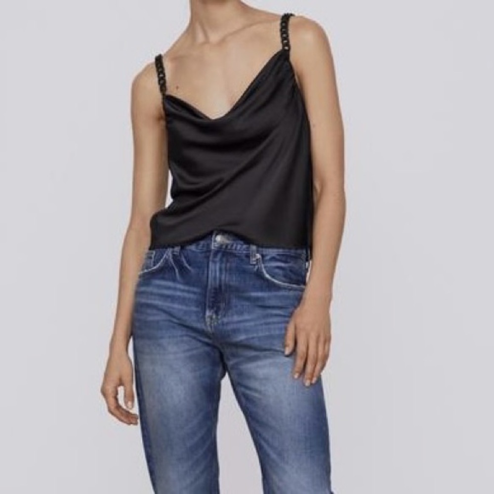 ZARA black satin plunge cowl neck top with beaded straps - Picture 2 of 8